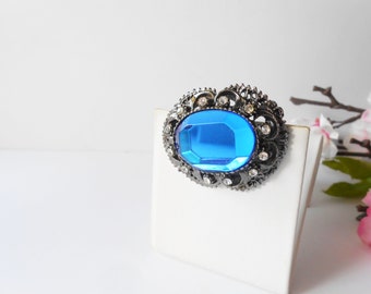 Vintage Blue Glass Brooch, Rhinestone Jewelry Gift