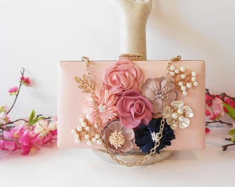 Blush Pink Evening Bag, Floral Accents, EB-0335