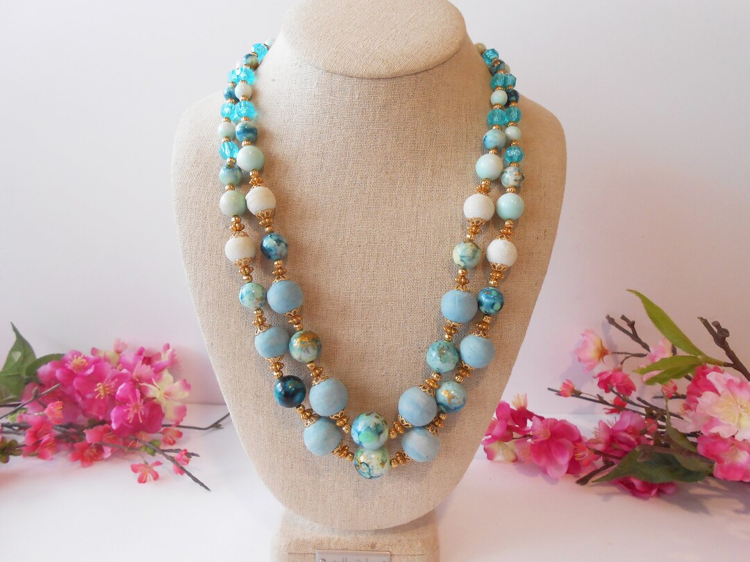 Vintage Multi Color Bead Necklace, Shades of Aqua Beads