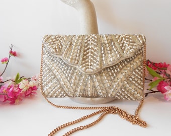 Vintage Pearl Beaded Evening Bag, Beaded Clutch EB-0331