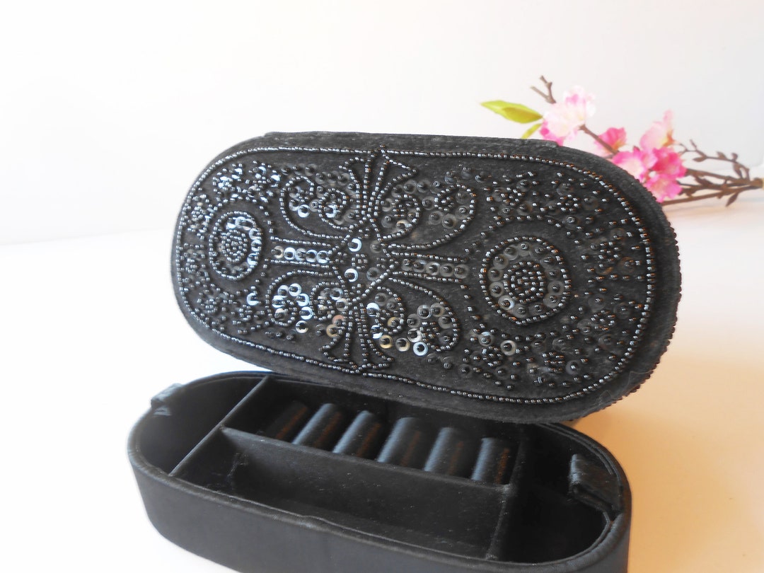 Glamorous Black Beaded Jewelry Box, Black Velvet Jewelry Holder, Vanity