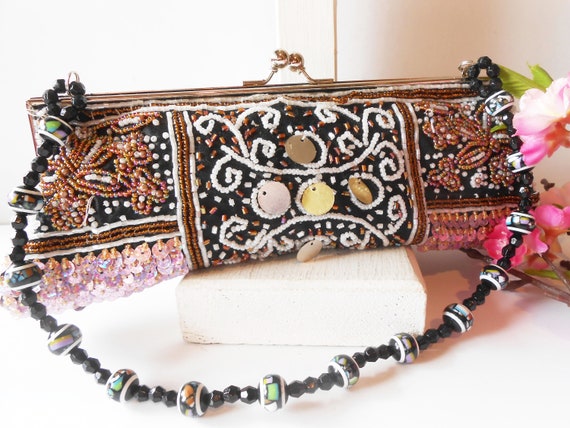 Vintage Black Beaded Evening Bag, Beaded Clutch B… - image 1