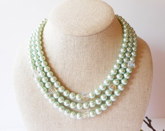 Vintage Mint Green Pearl Necklace, Rhinestone Clasp, Triple Strand