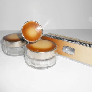 1950s Ladies Vanity Set, Glass Dresser Jars, Silvertone Trim image 2