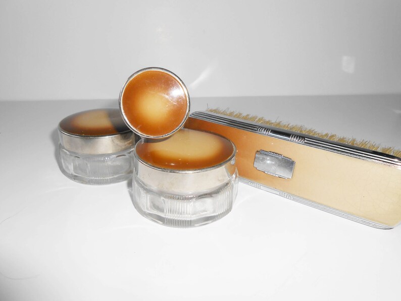 1950s Ladies Vanity Set, Glass Dresser Jars, Silvertone Trim image 2