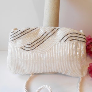 Vintage Iridescent Beaded Wedding Bag, Sparkly White Beaded Clutch, White Bead Brides Purse, White Evening Bag EB-0505 image 3