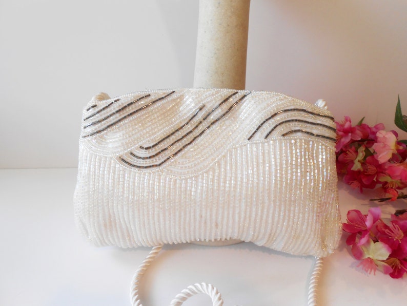 Vintage Iridescent Beaded Wedding Bag, Sparkly White Beaded Clutch, White Bead Brides Purse, White Evening Bag EB-0505 image 3