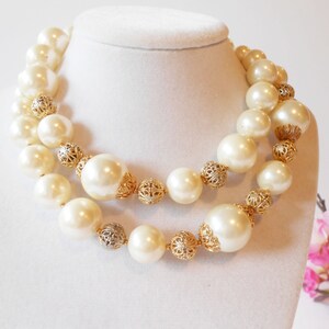 Vintage Pearl Necklace, Pearl and Gold Bead Necklace, Single Strand