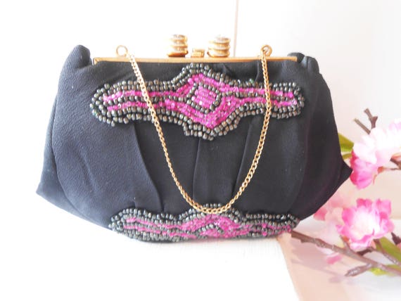 1950's Evening Bag,  Pink Black Beading, Petite B… - image 2