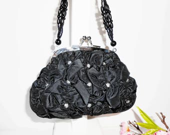 Glam Black Evening Bag Rhinestone Trim, Vintage Black Bag, Special Occasion Bag, Cocktail Purse  EB-0478