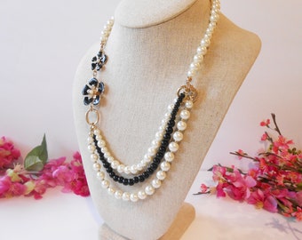 Pearlblack Necklace With Black Floral Accent, Triple Strand