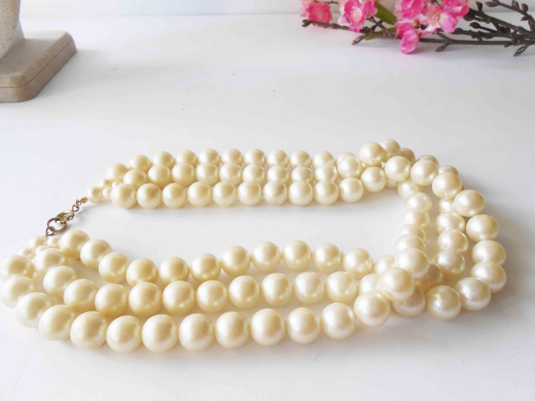 Retro Triple Strand Pearl Necklace Choker Length 11 Mm Creamy Etsy