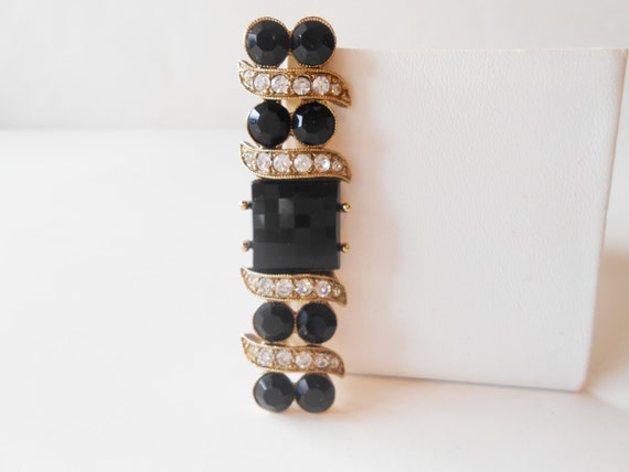 Vintage Rhinestone Black Brooch, Sparkly Bar Pin,… - image 3
