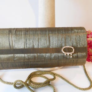 Shimmery Moss Green Taffeta Evening Bag: Rhinestone Accent Clutch