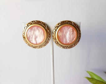 Vintage 1950s Pink Pearl Clip On Earrings, Goldtone Frame