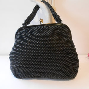 1950s Black Evening Bag, Black Bead Handbag, Special Occasion, Cocktail Purse EB-0719