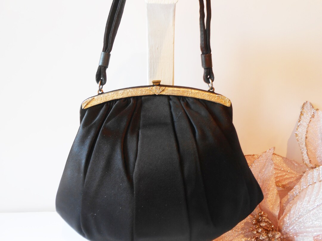 1940's Black Evening Bag, Black Taffeta Evening Purse, Classic Black