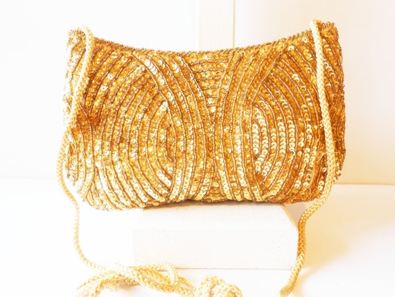 Gold Beaded Clutch Evening Bag, Gold Beaded Handb… - image 1