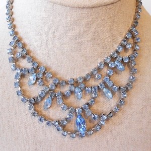 Art Deco Style Blue Rhinestone Necklace, 1950&#39;s 1960&#39;s Rhinestone Jewelry, Choker, Cocktail Jewelry
