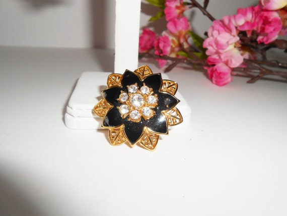 Black Gold Floral Earrings, Vintage Black Lacquer… - image 3