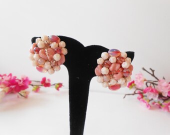 Vintage Pink Bead Earrings, Shades of Pink Cluster