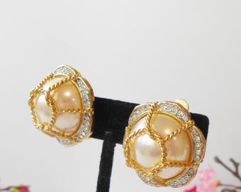 Vintage Pearl Earrings, Pearl and Rhinestone