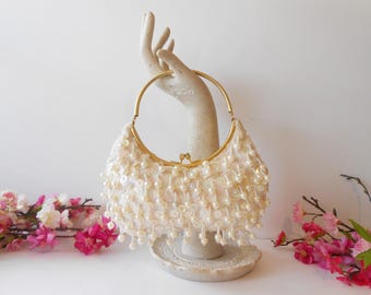 White Beaded Wedding Purse, Pearls and Sequins EB-0732