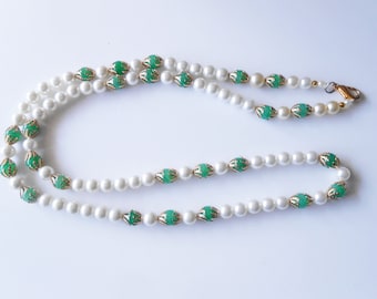 Pearl and Green Bead Opera Necklace, Goldtone Caps, 32"