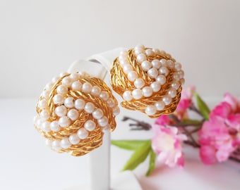 Vintage Pearl Gold Clip On Earrings, Avon Jewelry,