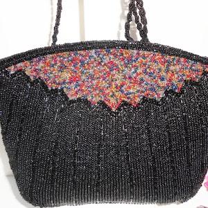 Vintage Black Beaded Evening Bag, Black Clutch Bag Multi Color Bead Trim, Special Occasion Bag EB-0770