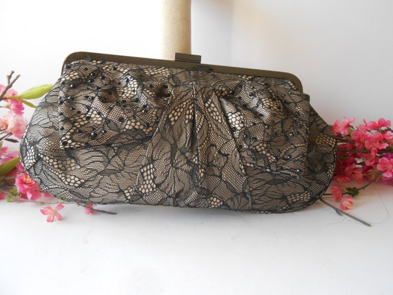 Black Cream Lace Evening Bag, Vintage Lace Clutch… - image 7