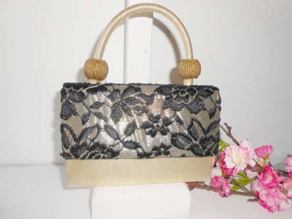 Gold Evening Bag Black Lace Trim, Small Gold Bead… - image 4