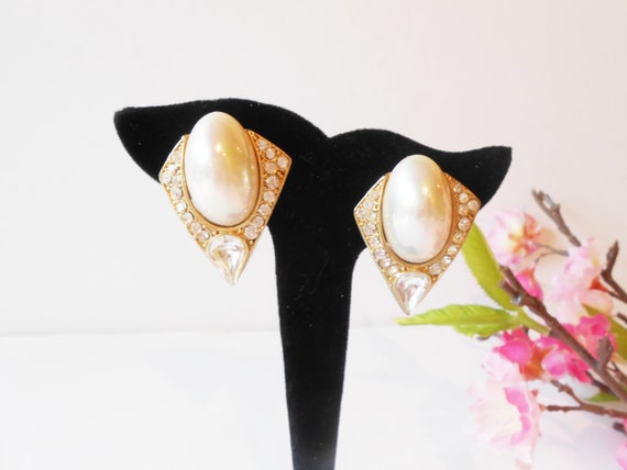 Vintage Pearl Earrings, Glamorous Faux Pearl Rhin… - image 4