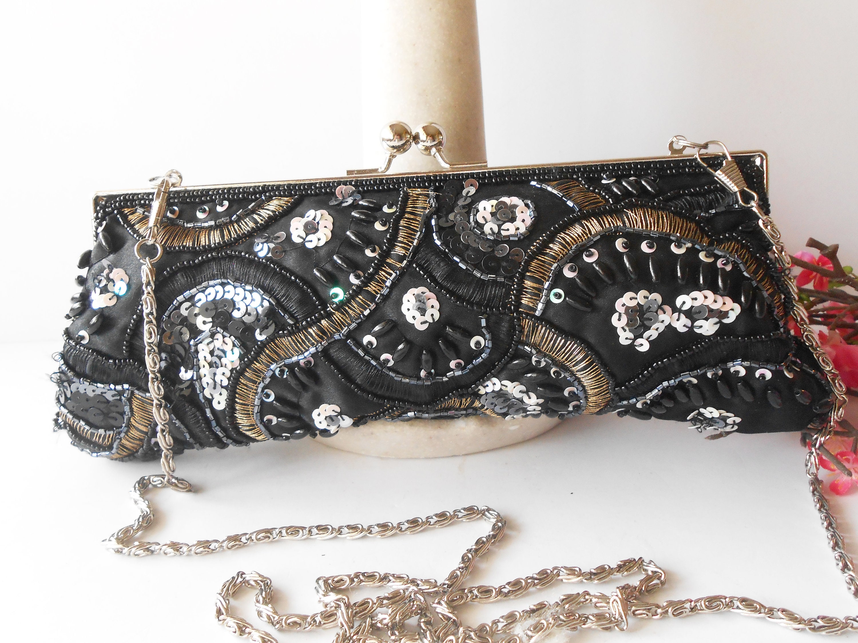 Vintage Small Black Beaded Evening Purse, 1980s Wrist Bag La Regale