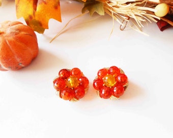 Vintage Orange Bead Coro Earrings, Clip On Orange Gold Earrings, Autumn Jewelry, Vivid Color,