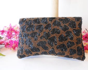 Black & Gold Beaded Evening Clutch Bag, Vintage Glam