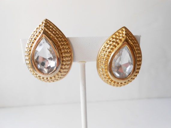 Vintage Rhinestone Clip-On Earrings, Tear Drop Sh… - image 1