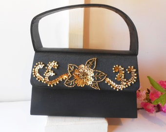 Black Gold Beaded Evening Bag, Vintage Black Gold Handbag, Special Occasion Bag EB-0309