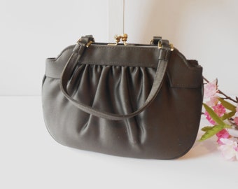 1950s Brown Evening Bag, Brown Taffeta Handbag Rhinestone Trim, Classic Brown Bag EB-0345