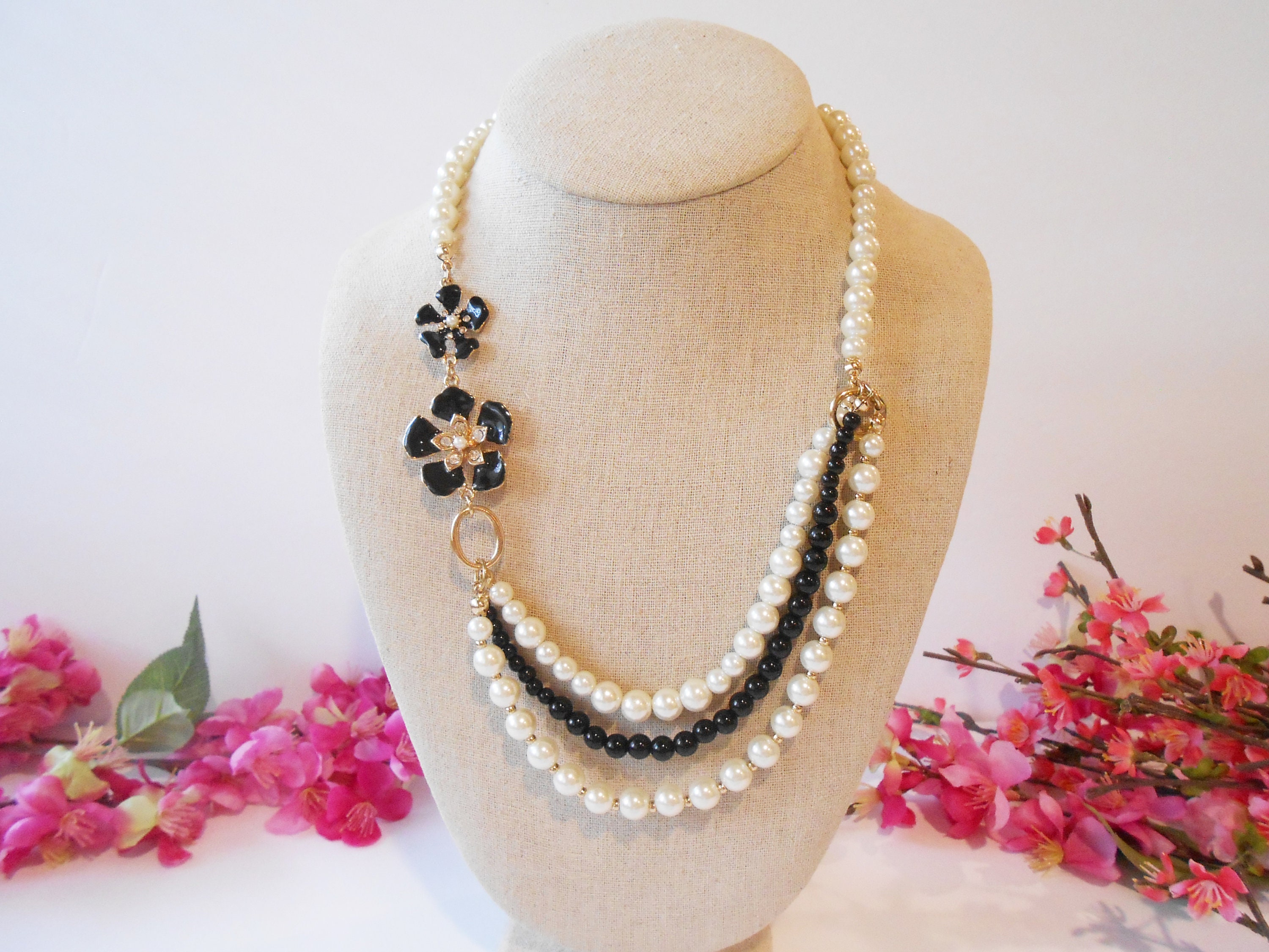 【BLACKPURPLE】Petit B Pearl Layered Necklace Pearlblack Necklace With Black Floral Accent, Triple Strand