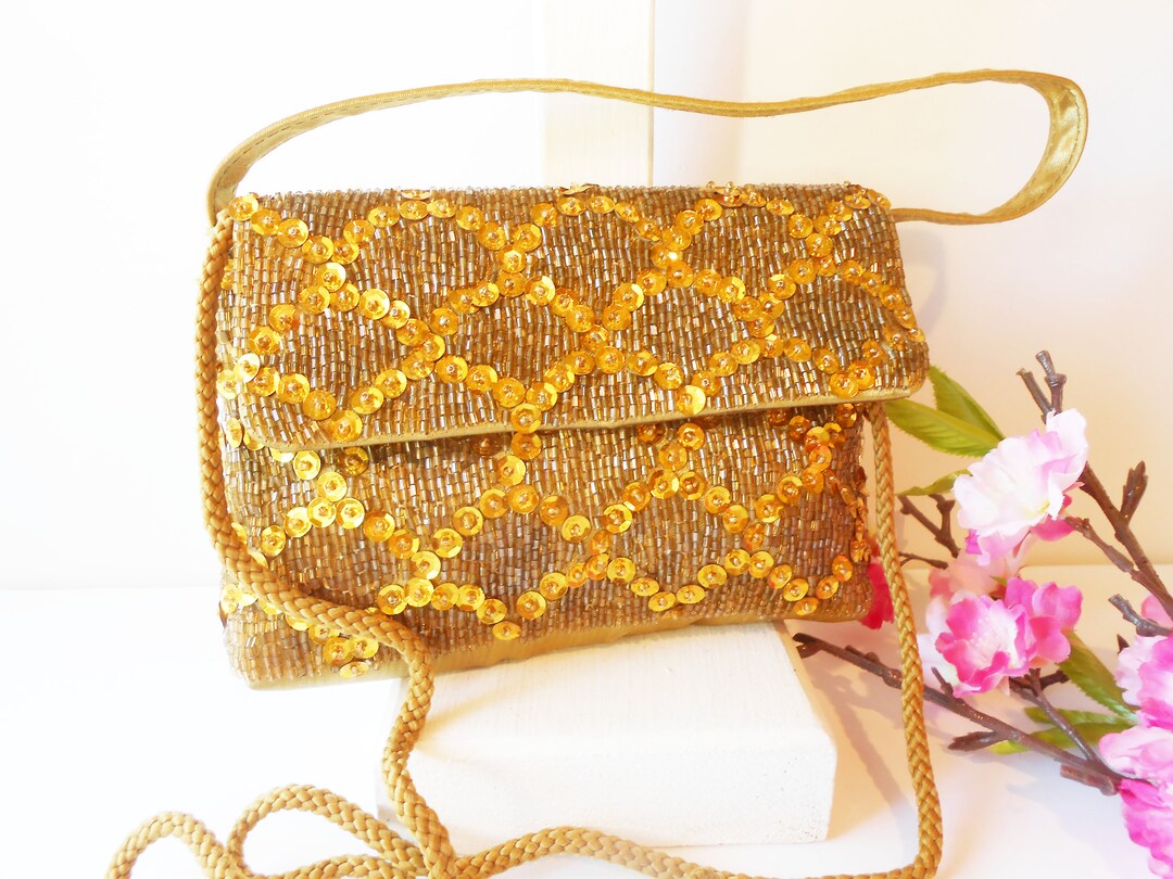 Vintage Gold Clutch Evening Bag Gold Bead Handbag Beaded Etsy
