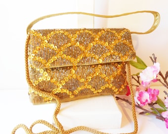 Vintage Gold Evening Bag, Beaded Clutch EB-0713