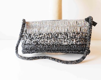 Vintage Beaded Evening Bag, Black Silver Clutch Purse