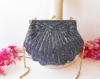 Vintage Grey Beaded Evening Bag, Clamshell Design