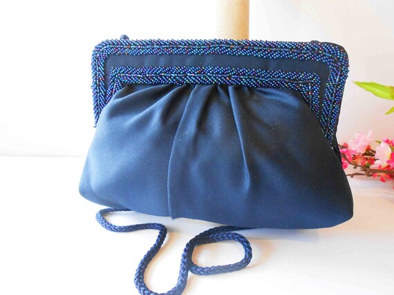 Vintage Blue Beaded Handbag, Blue Bead Clutch Pur… - image 2