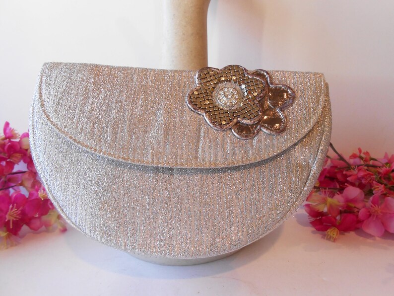 Vintage Silver Metallic Clutch Bag, Rhinestone Floral Evening Purse zdjęcie 6
