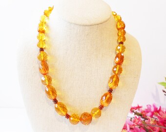 Bead Necklace Gold Orange, Autumn Necklace, Sparkling Beads, Jewelry Gift Her, Single Strand, Holiday Jewelry