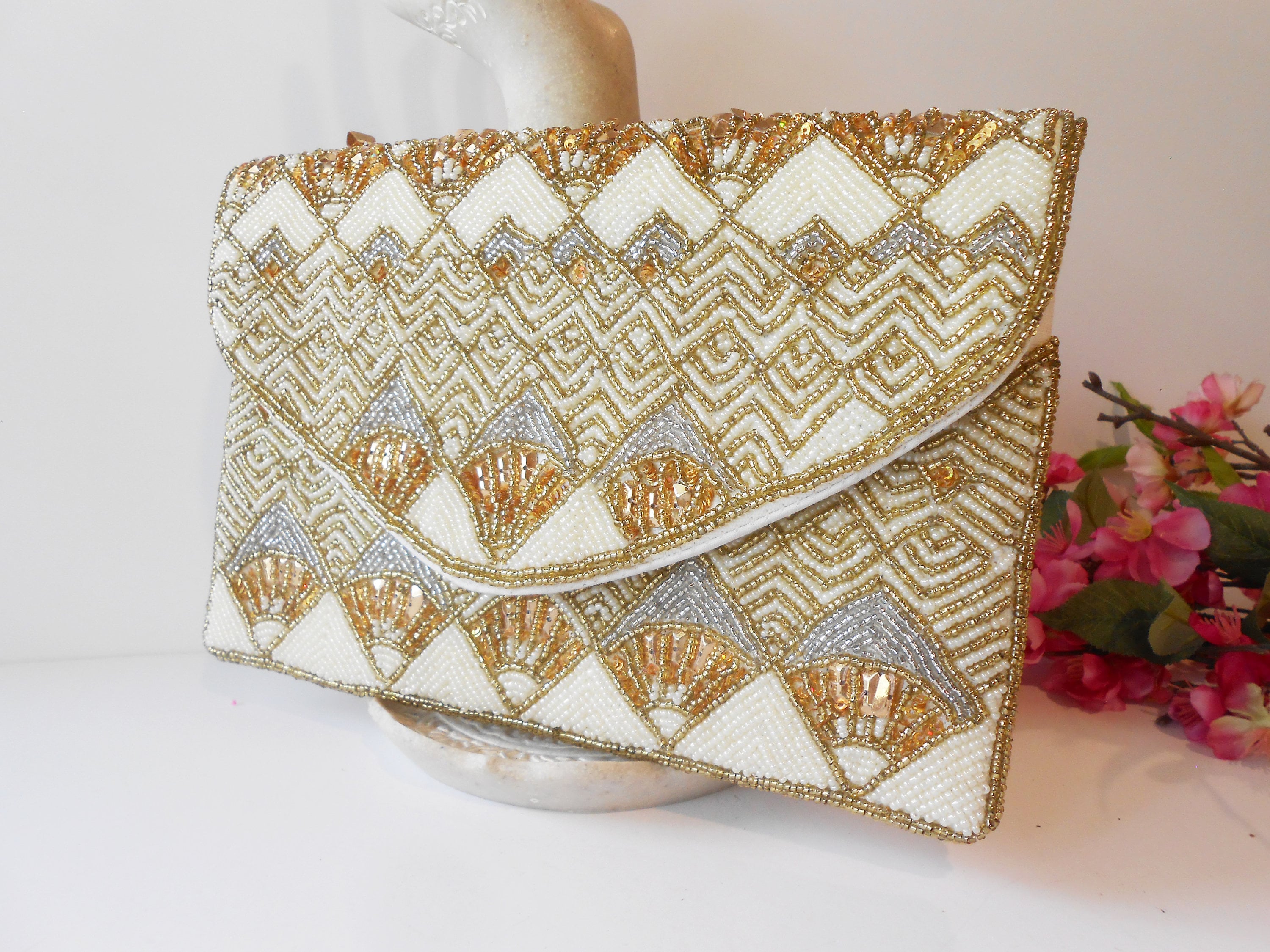 Stunning Pearl Gold Beaded Clutch Bag Sparkly Evening Purse 