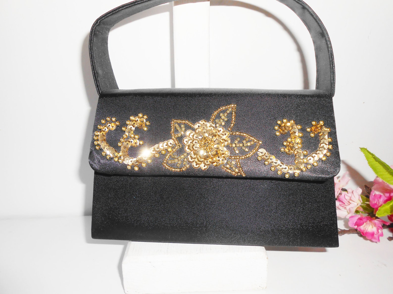 Black Gold Beaded Evening Bag Vintage Black Gold Handbag - Etsy