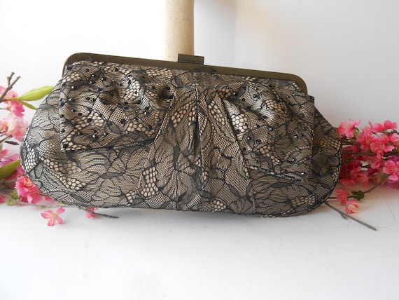Black Cream Lace Evening Bag, Vintage Lace Clutch… - image 1